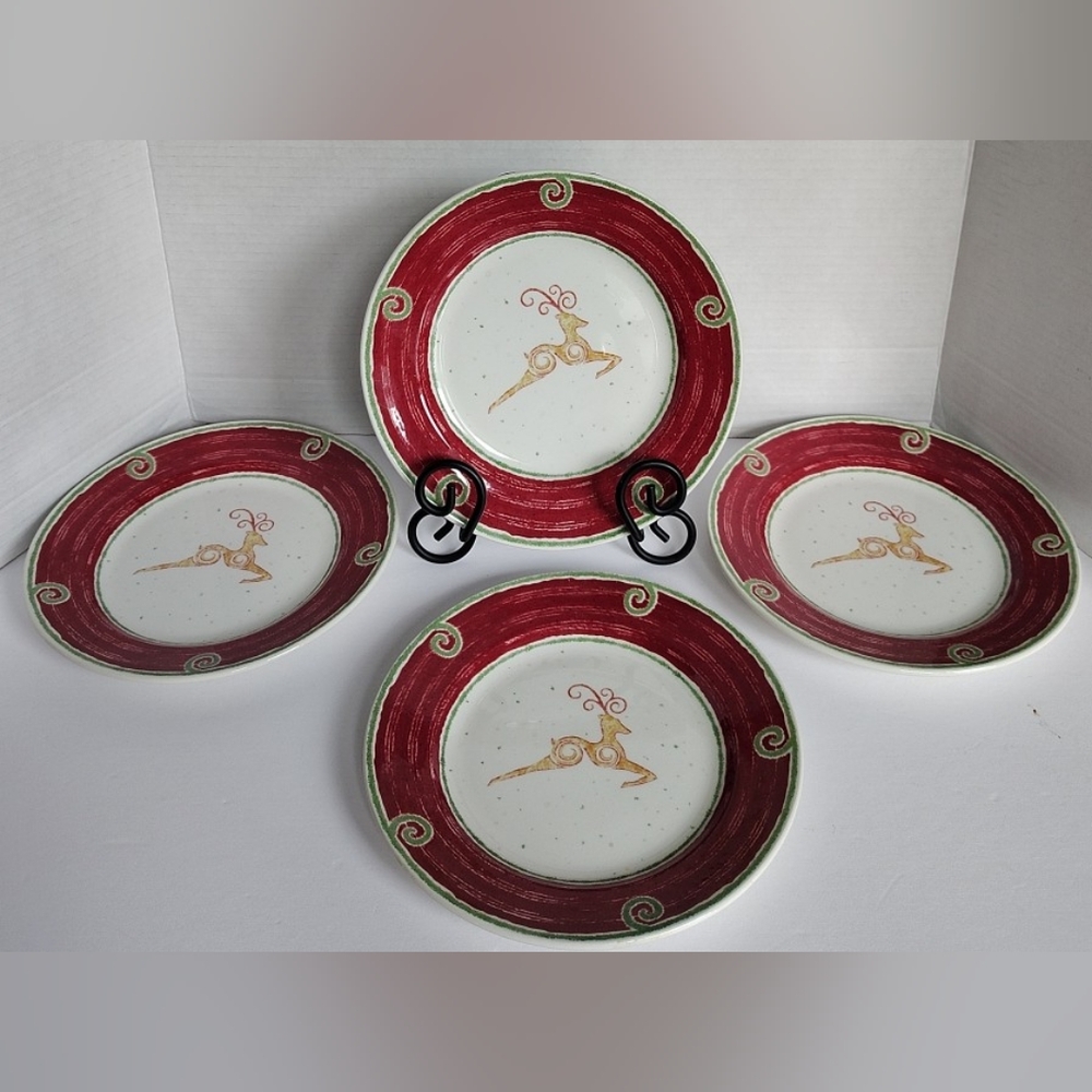 4 PIER 1 IMPORTS RUSTIC REINDEER 8" Salad Plates Christmas Holiday England